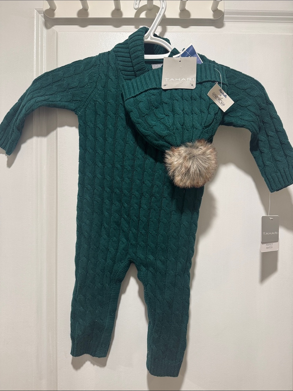 Tahari Deep Teal Cable-Knit Infant One-Piece with Pom Hat